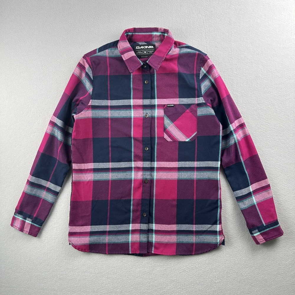 Dakine Button Up Shirt Men Medium Magenta Navy Teal Plaid Long Sleeve Pocket
